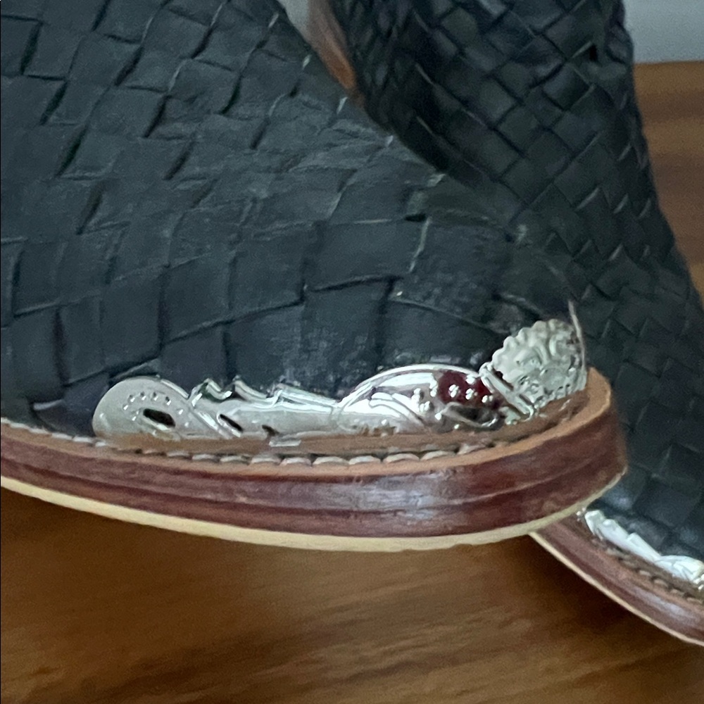 Black Woven Leather Ankle Boots with Silver Detail - Picture 3 of 10